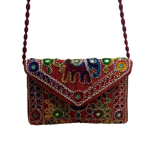 Handmade Embroidered Multicolor Strap Fold-Over Closure Shoulder Crossbody Bag - Picture 1 of 8